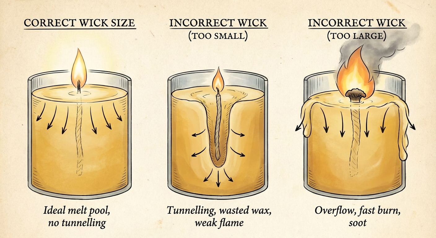 Diagram showing wick size impact on beeswax candle tunnelling