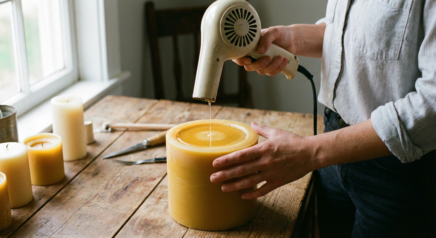 Using a hairdryer to fix tunnelling in a beeswax candle