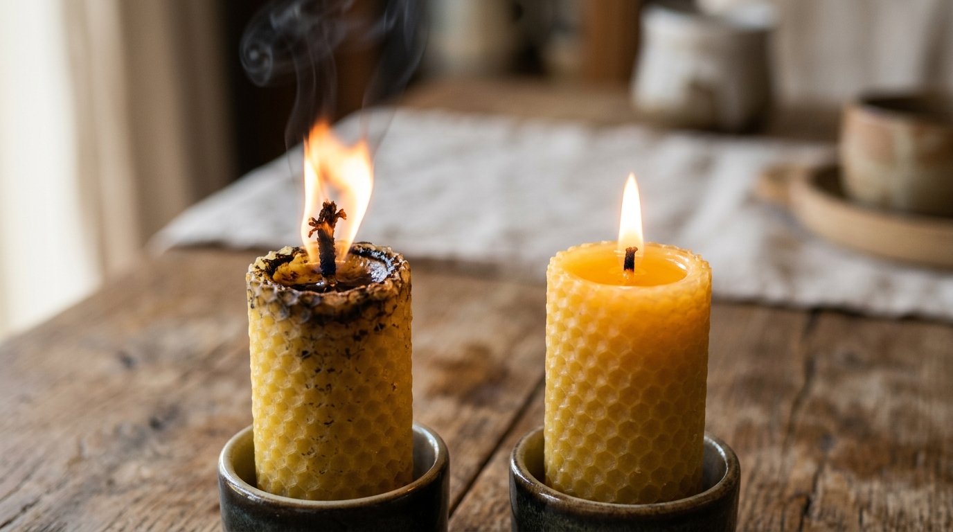 Comparison of beeswax candles with long and trimmed wicks showing soot and clean burn