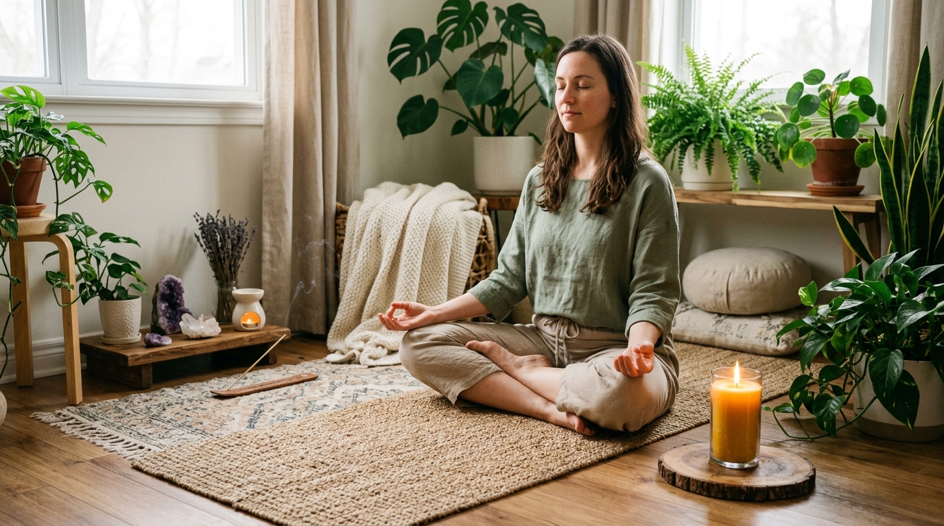 Person meditating with a glowing beeswax candle for wellness