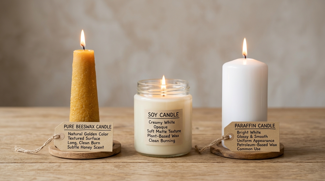 Comparison of beeswax, soy, and paraffin candles highlighting differences