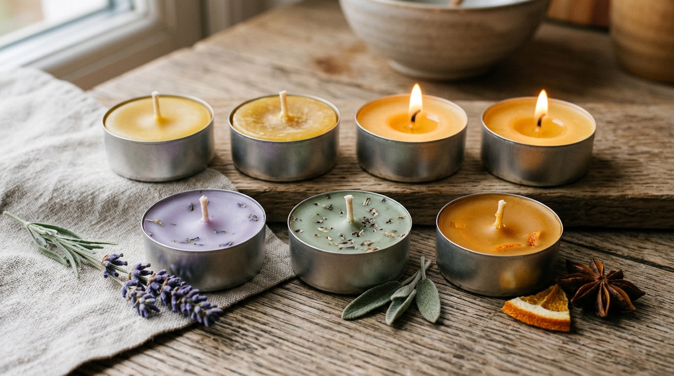 Different types of beeswax tealights including natural, coloured, and scented options