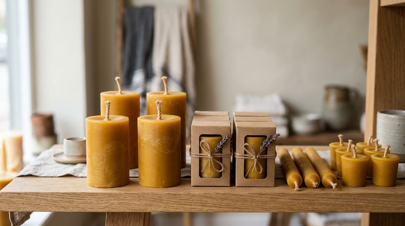Close-up of high-quality natural beeswax candles showing golden colour, cotton wick and simple eco-friendly packaging.