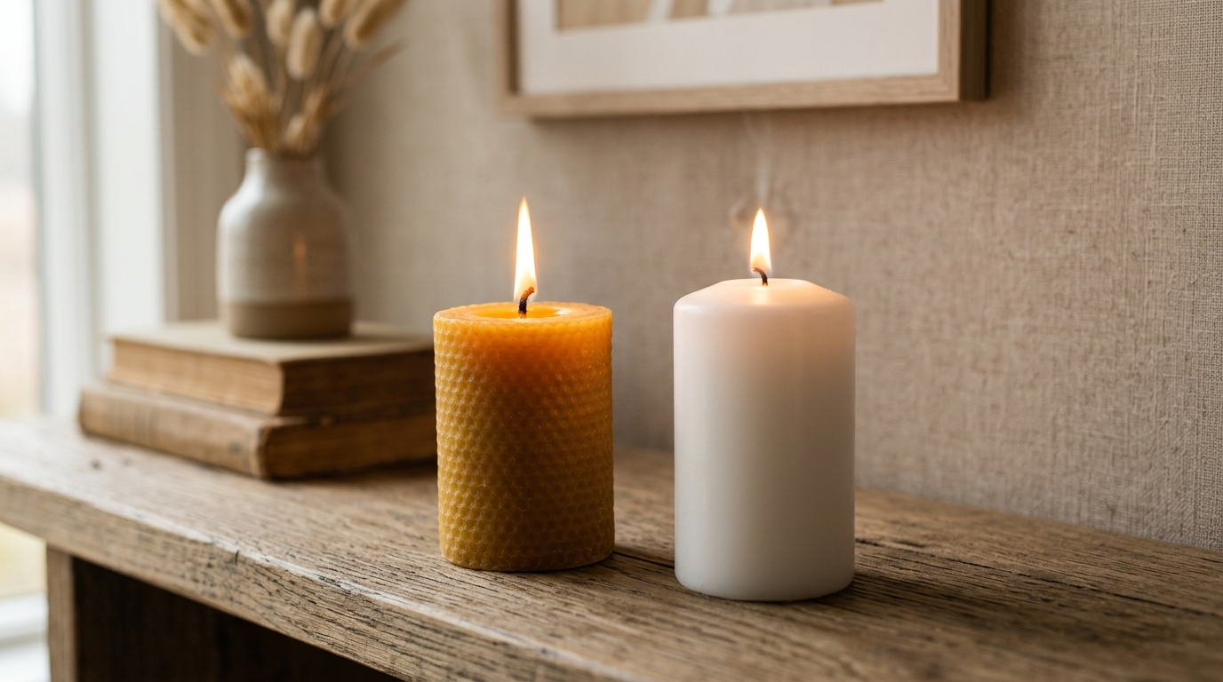 Side-by-side view of a golden beeswax candle and a white paraffin candle burning indoors.