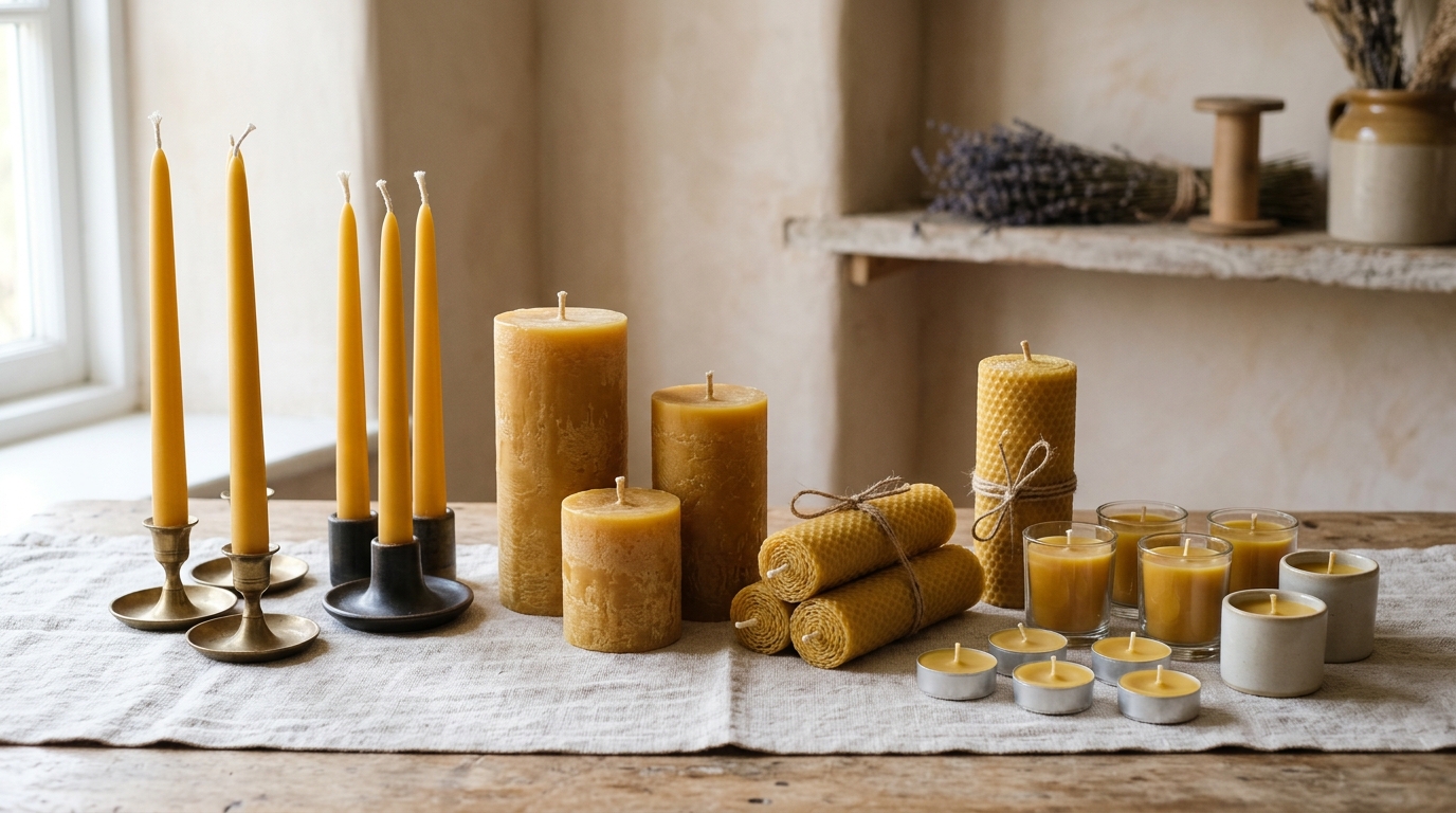 Collection of natural beeswax candles in taper, pillar, rolled and votive styles arranged together.