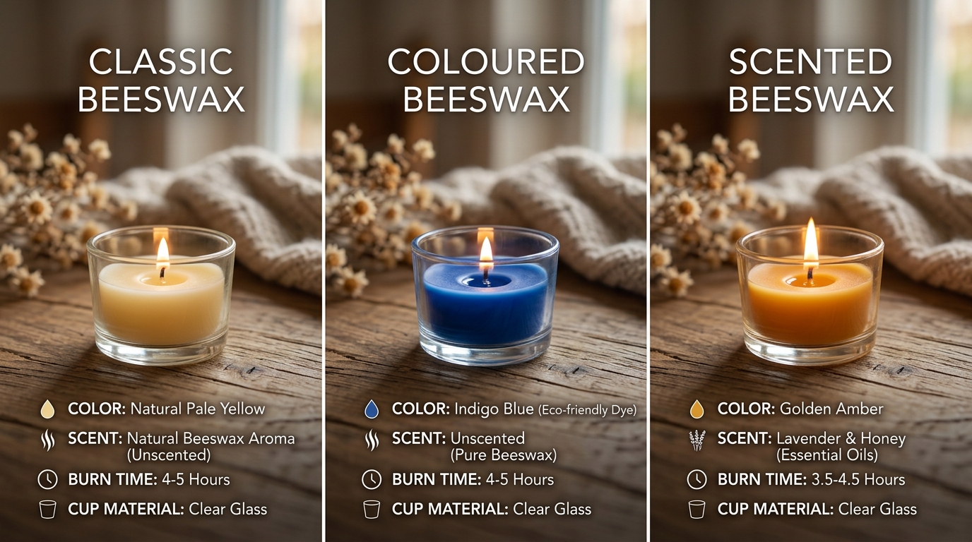 Side-by-side comparison of classic, coloured, and scented beeswax tealights with feature labels