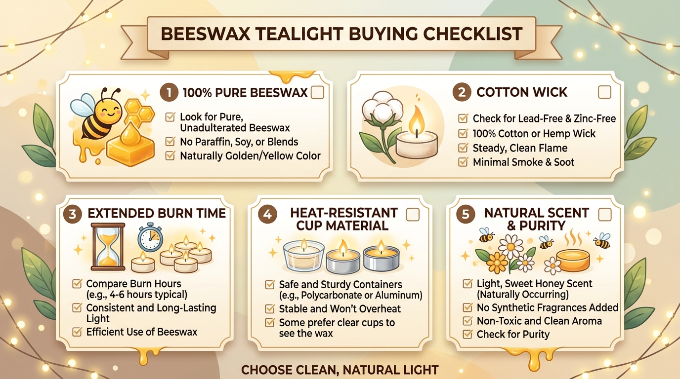 Beeswax tealight buying checklist with icons for purity, wick, burn time, and cup material